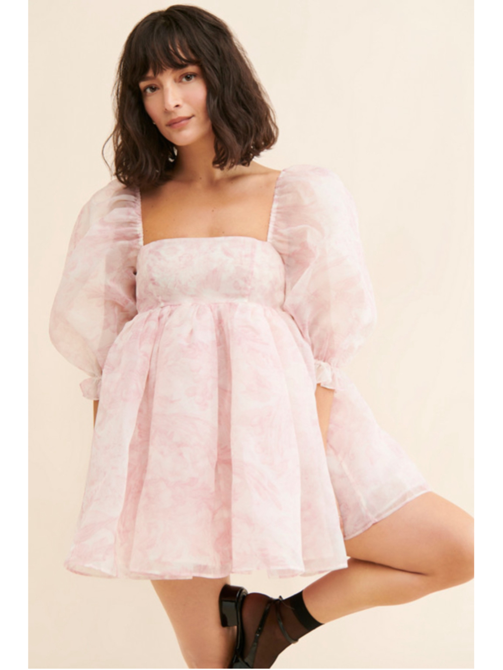 Selkie Puff Dress Pink Floral Organza Square Neck Balloon Sleeve Mini Size S